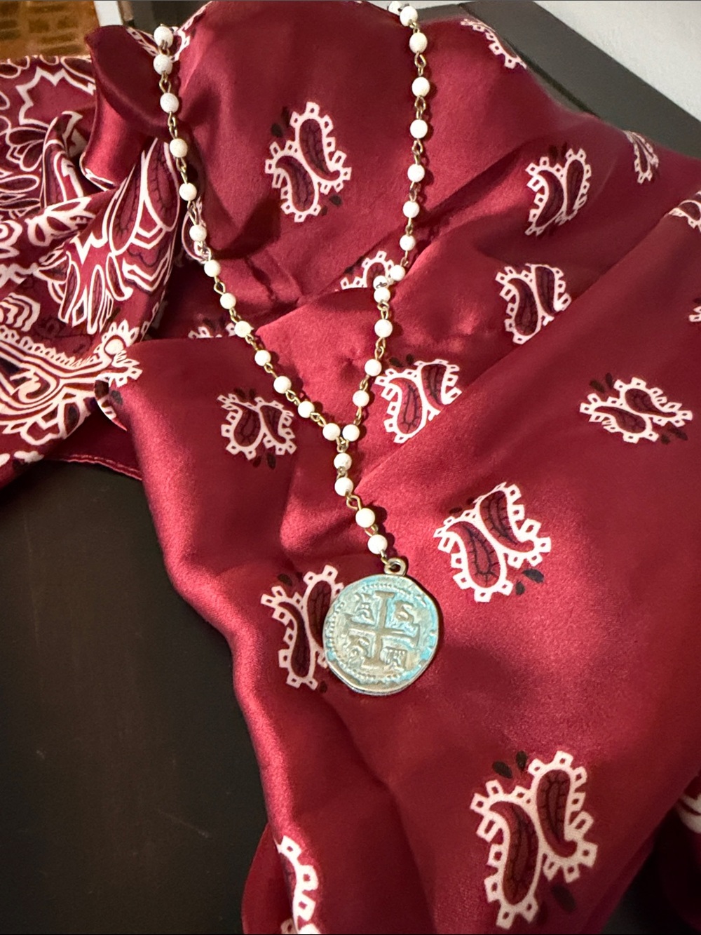 Vintage-Inspired White Bead Pendant Necklace with Blue-Green Coin Charm